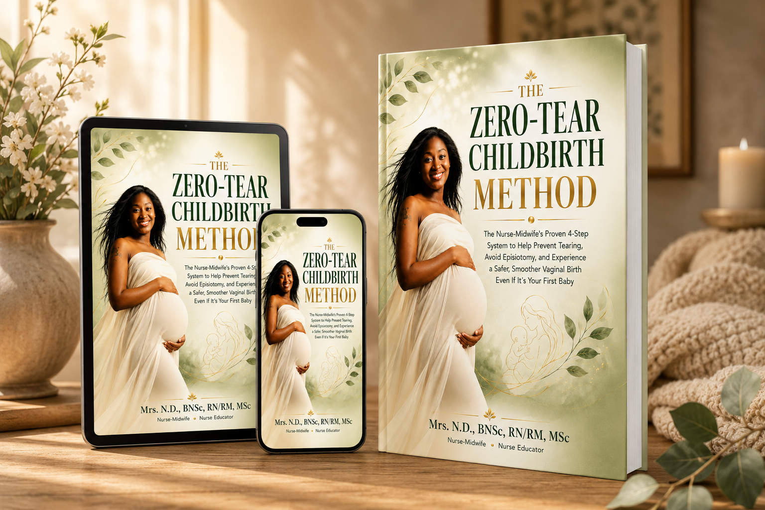 The Zero-Tear Childbirth Guide shown as a printed book, on a tablet and on a phone