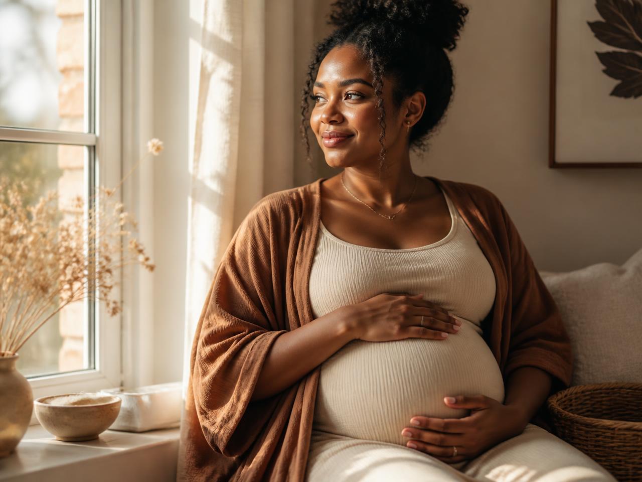 Expecting mother sitting calmly by a sunlit window with her hands on her belly